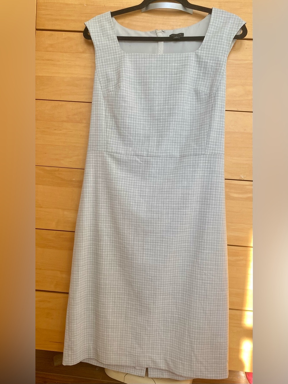 Ann Taylor Light Grey + White Checked Square-Neck Sheath Dress